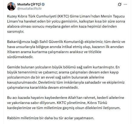 Bakan Çiftçi: En büyük çabamız; kayıp yolcularımızın bir an evvel sağ salim bulunması
