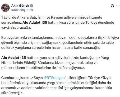Adalet Bakanı Gürlek: 'Alo Adalet 135' hattını kısa süre içinde Türkiye genelinde yaygınlaştıracağız