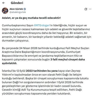 Bakan Gürlek: 3 faili meçhul cinayet daha aydınlatıldı