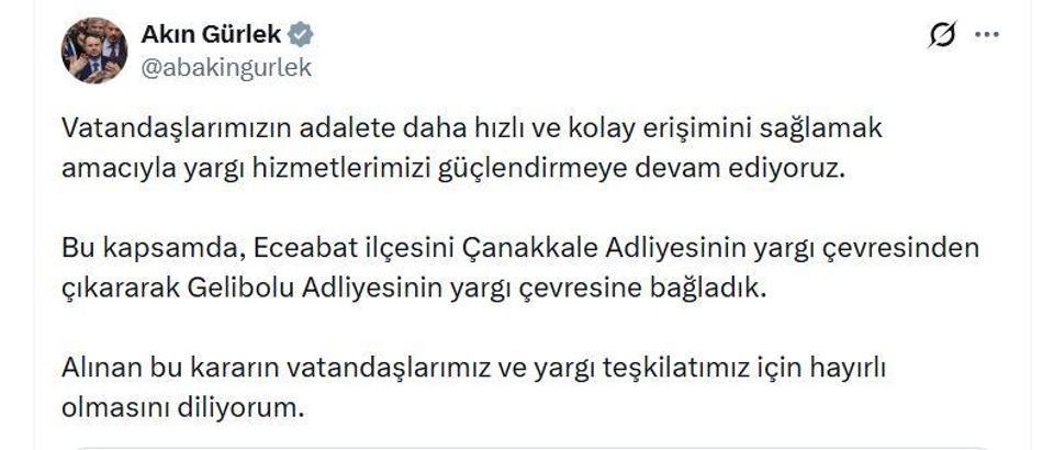 Eceabat ilçesi, Gelibolu Adliyesi yargı çevresine bağlandı