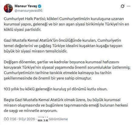 Mansur Yavaş, CHP'nin 103'üncü kuruluş yıl dönümünü kutladı