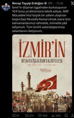 Cumhurbaşkanı Erdoğan'dan, İzmir'in kurtuluşunun yıl dönümü mesajı