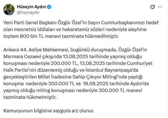 Özgür Özel hakkında 800 bin TL tazminat kararı
