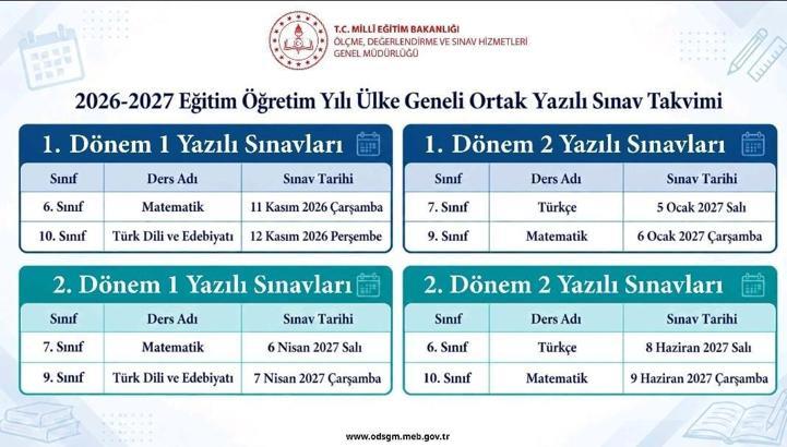 Ülke geneli ortak yazılı sınav takvimi belli oldu