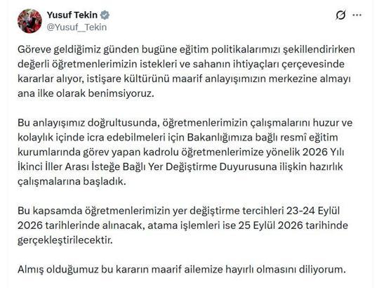 Bakan Tekin: Öğretmenlerimizin yer değiştirme tercihleri 23-24 Eylül'de alınacak