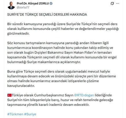 AK Parti'li Zorlu'dan Suriye'de Türkçenin seçmeli dil olarak kullanımına ilişkin açıklama
