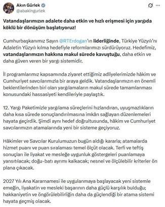 Bakan Gürlek: Hakim ve savcı atamalarında hizmet puanı temel ölçüt olacak