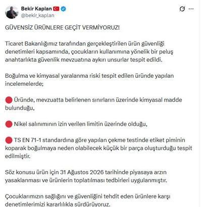 Ticaret Bakanlığından çocuklar açısından risk taşıdığı tespit edilen anahtarlık için toplatma kararı