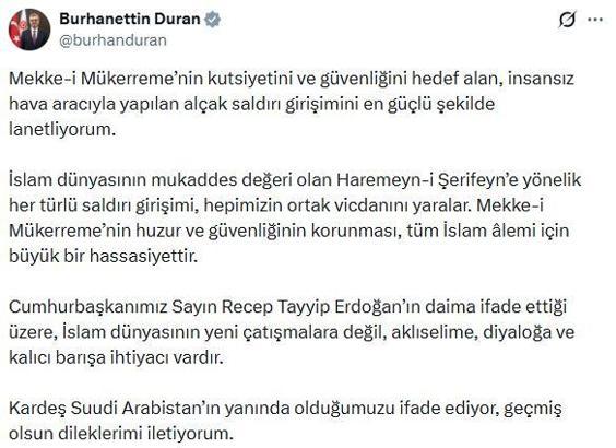 İletişim Başkanı Duran: Mekke-i Mükerreme'yi hedef alan saldırı girişimini en güçlü şekilde lanetliyorum