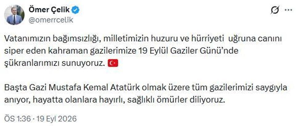 AK Parti'li Çelik'ten 'Gaziler Günü' mesajı