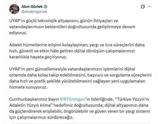 Bakan Gürlek: UYAP'ın yeni güncellemesiyle yeni uygulamaları hizmete sunuyoruz