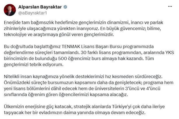 'TENMAK Yurt İçi Lisans Başarı Bursu' hak sahipleri belirlendi