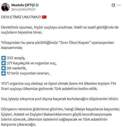 Bakan Çiftçi: 'Sınır Ötesi Kapan' operasyonlarında 714 firari suçlu yakalandı