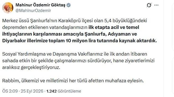 Şanlıurfa merkezli depremden etkilenenler için 10 milyon lira kaynak aktarıldı