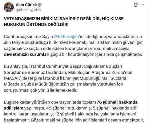 Bakan Gürlek: Fon soruşturmasında 45 şüpheli tutuklandı