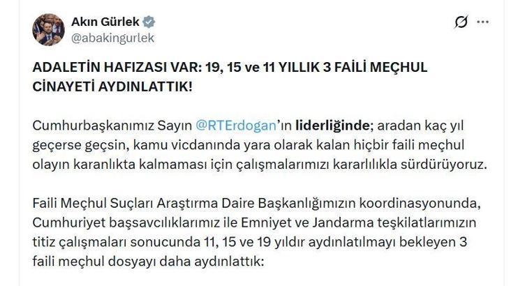 Bakan Gürlek: 3 faili meçhul dosyayı daha aydınlattık