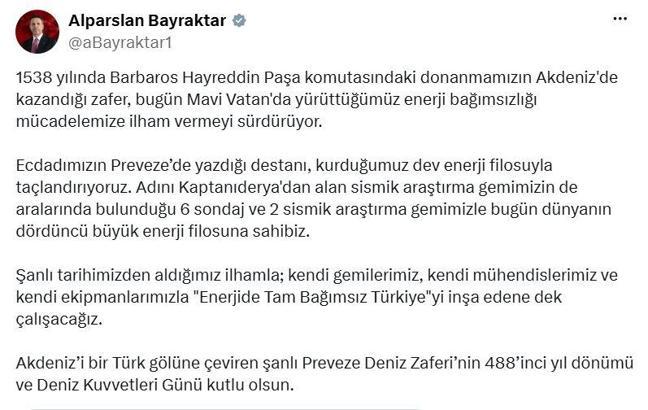 Bakan Bayraktar, Preveze Deniz Zaferi'nin 488'inci yıl dönümünü kutladı