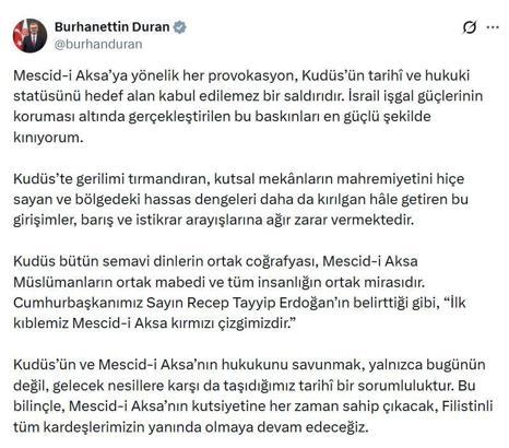 İletişim Başkanı Duran: İsrail işgal güçlerinin koruması altında gerçekleştirilen bu baskınları kınıyorum