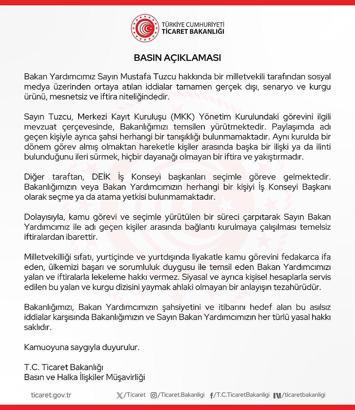 Ticaret Bakanlığı: Bakan Yardımcımız Tuzcu hakkında ortaya atılan iddialar gerçek dışı