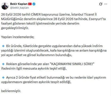Ticaret Bakanlığı'ndan Esenyurt'ta tekstil işletmesine yapılan denetime ilişkin açıklama