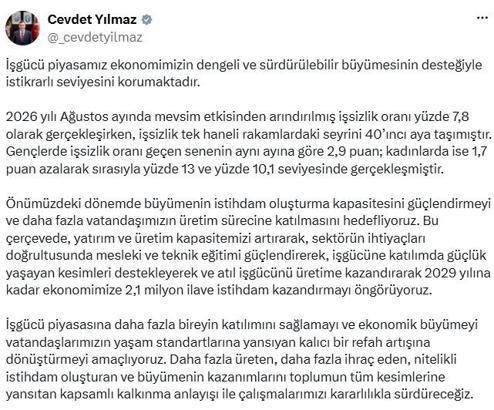 Cumhurbaşkanı Yardımcısı Yılmaz: İş gücü piyasamız istikrarlı seviyesini korumaktadır
