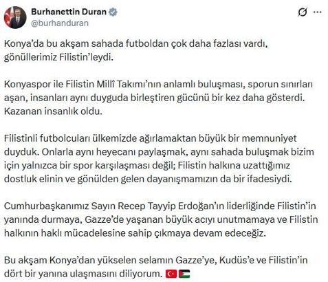 İletişim Başkanı Duran: Konya’dan yükselen selamın Filistin’in dört bir yanına ulaşmasını diliyorum