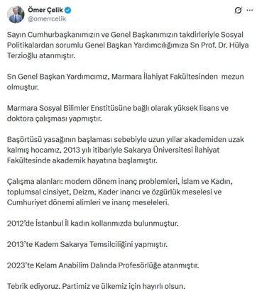 AK Parti Sosyal Politikalardan Sorumlu Genel Başkan Yardımcılığına Terzioğlu atandı