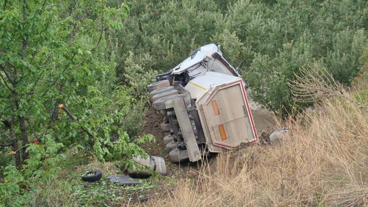 TIR elma bahçesine uçtu, sürücü öldü