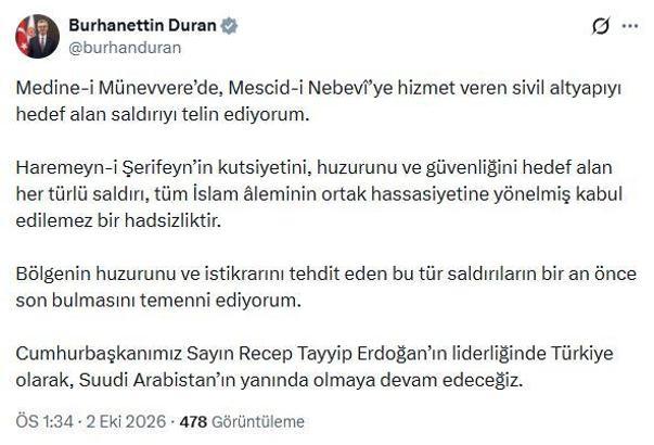 İletişim Başkanı Duran: Medine-i Münevvere'de sivil altyapıyı hedef alan saldırıyı telin ediyorum