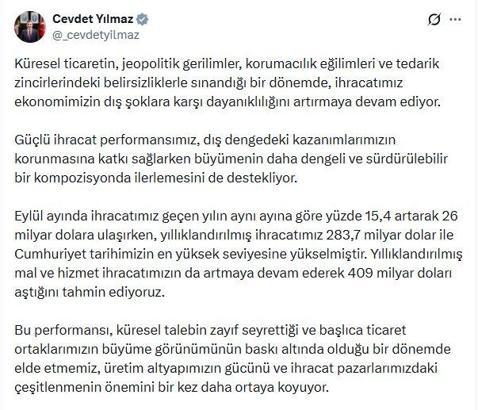 Cevdet Yılmaz: İhracatımızın vatandaşımızın refahına daha güçlü yansımasını sağlayacağız