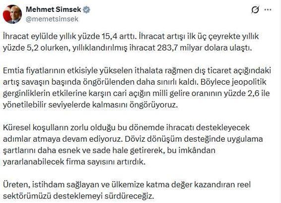 Bakan Şimşek: Dış ticaret açığındaki artış savaşın başında öngörülenden daha sınırlı kaldı