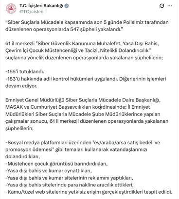61 ilde siber suç operasyonları: 155 tutuklama