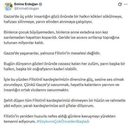 Emine Erdoğan: Gazze'de 3 yıldır bir halkın kökleri sökülmeye çalışılıyor