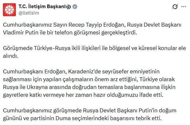 Cumhurbaşkanı Erdoğan, Rusya Devlet Başkanı Putin ile telefonda görüştü