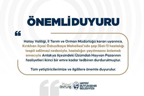 Hatay’da Üzümdalı Hayvan Pazarı, şap hastalığı nedeniyle geçici olarak kapatıldı