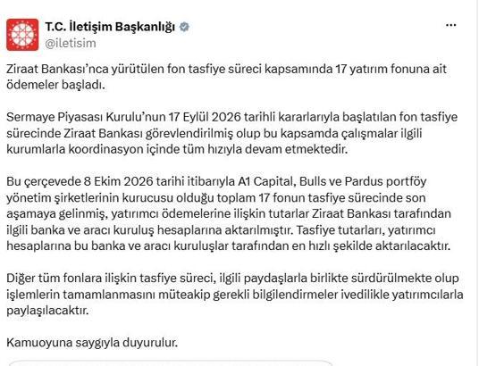 İletişim Başkanlığı: 17 yatırım fonuna ait ödemeler başladı