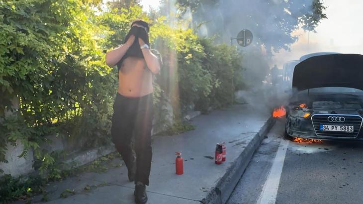 Kağıthane’de otomobil yandı; vatandaş kola şişesiyle müdahale etti