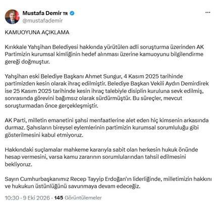 AK Parti'li Demir: Şahısların eylemlerinin partimizin kurumsal sorumluluğu gibi gösterilmesini kabul etmiyoruz