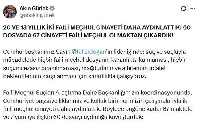 Bakan Gürlek: 2 faili meçhul dosyayı daha aydınlattık