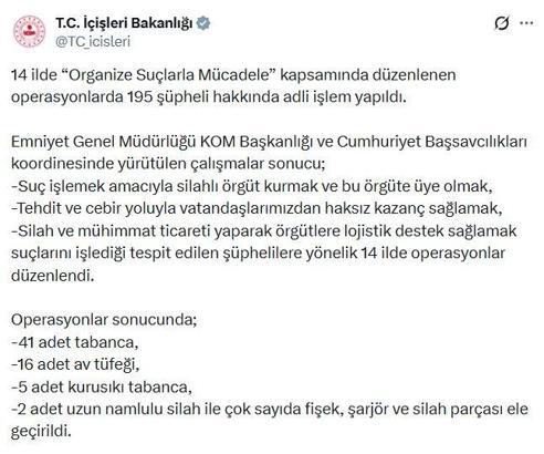 14 ilde organize suçlarla mücadele operasyonu: 195 şüpheliye adli işlem
