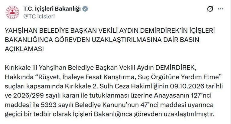 Yahşiyan Belediye Başkanvekili Demirdirek, görevden uzaklaştırıldı