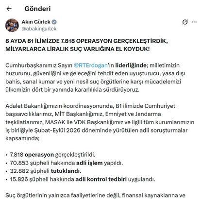 Bakan Gürlek: 8 ayda 32 bin 882 şüpheli tutuklandı