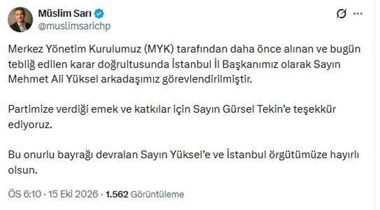 CHP İstanbul İl Başkanlığına Mehmet Ali Yüksel getirildi