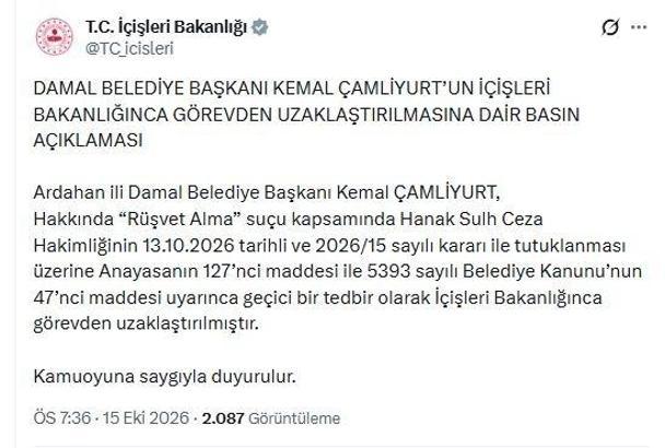 Damal Belediye Başkanı Çamliyurt, görevden uzaklaştırıldı
