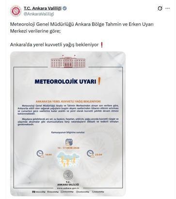 Ankara Valiliği'nden 'kuvvetli yağış' uyarısı