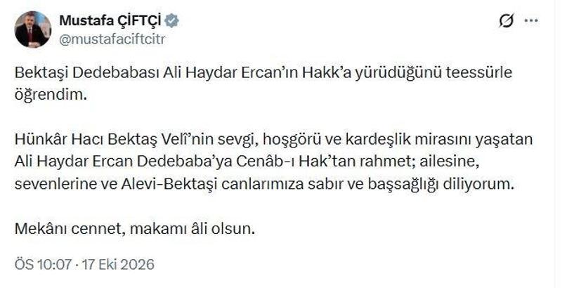 Bakan Çiftçi'den Ali Haydar Ercan için taziye mesajı