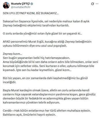 Bakan Çiftçi'den Sakarya'da kurtarılan Zeynep bebeğe ilişkin paylaşım