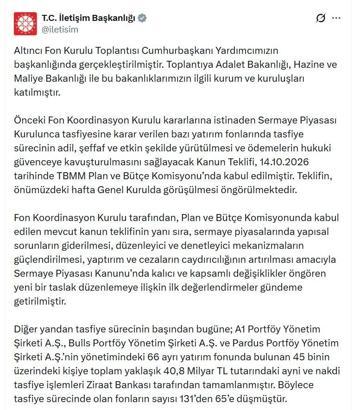 Fon Kurulu'ndan 6'ıncı toplantı: Tasfiye sürecinde olan fonların sayısı 131'den 65'e düştü