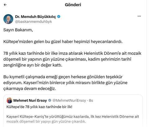 Başkan Büyükkılıç: Kültepe’den gelen haber hepimizi heyecanlandırdı