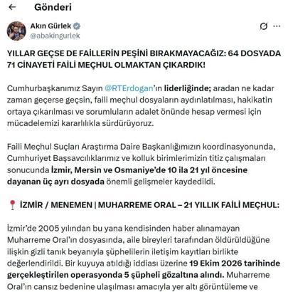 Bakan Gürlek: 64 dosyada 71 cinayeti faili meçhul olmaktan çıkardık